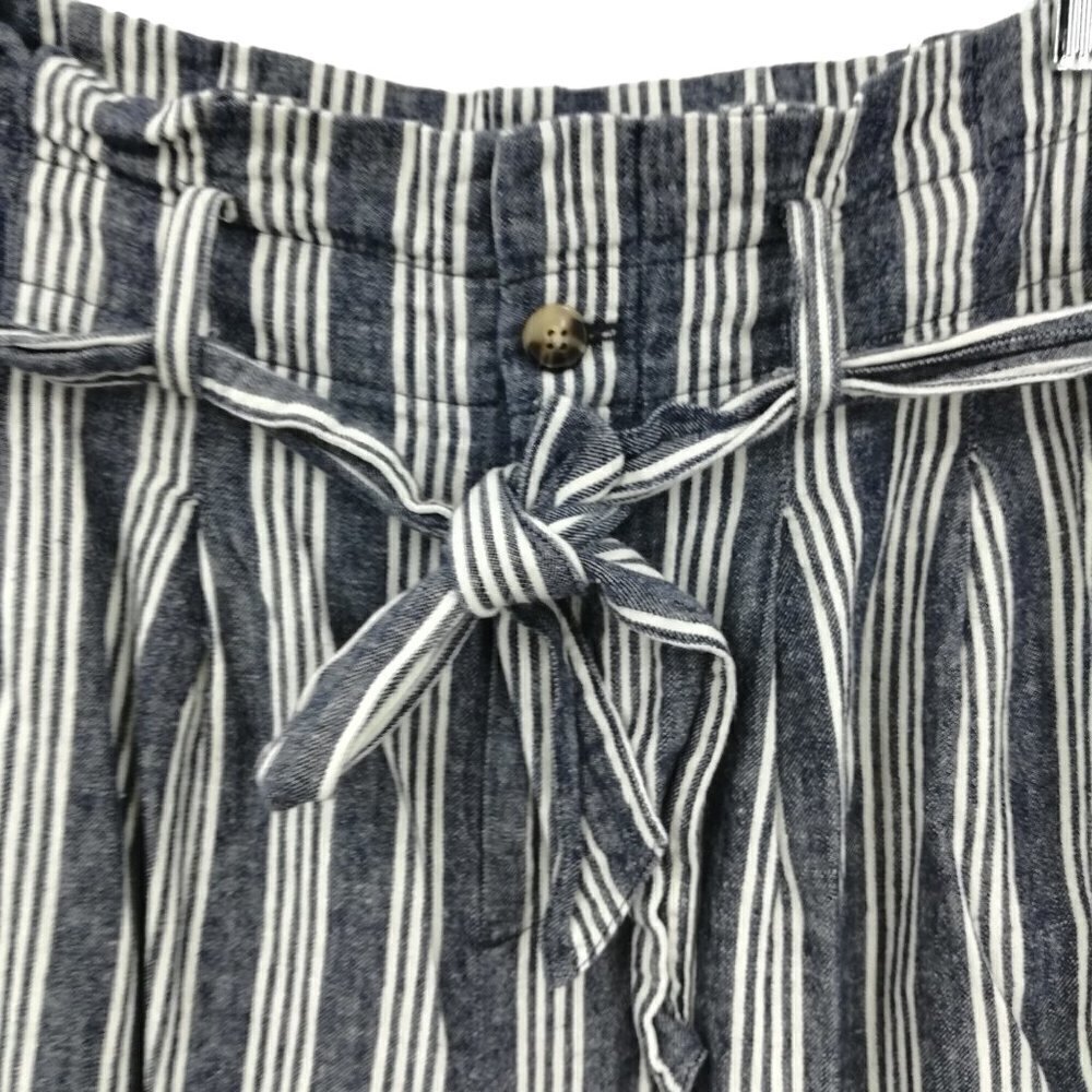 Madewell Striped Linen Blend Paperbag Pants Size 8 Pleated Indigo Stripe Belted - Picture 2 of 12
